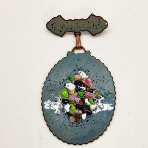 Large Copper Enamel Brooch Pin Bar Medal Medallion Shape w Glass Frit  w Box VTG